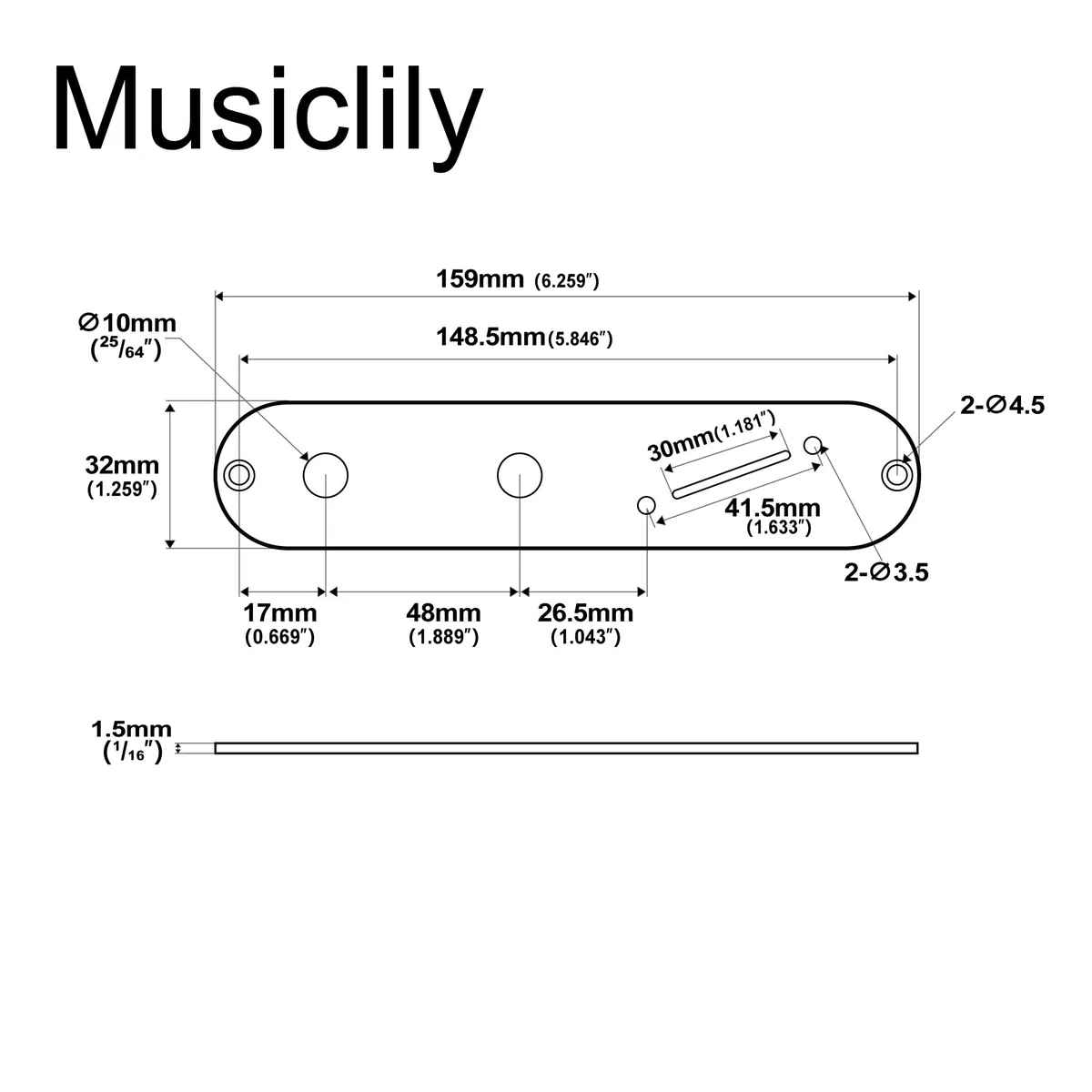 Musiclily Pro 32mm Piastra Controlli Telecaster in Acciaio con Foro Stretto Potenziometro e Slot Selettore Angolare per Chitarra Elettrica tipo Tele, Cromato