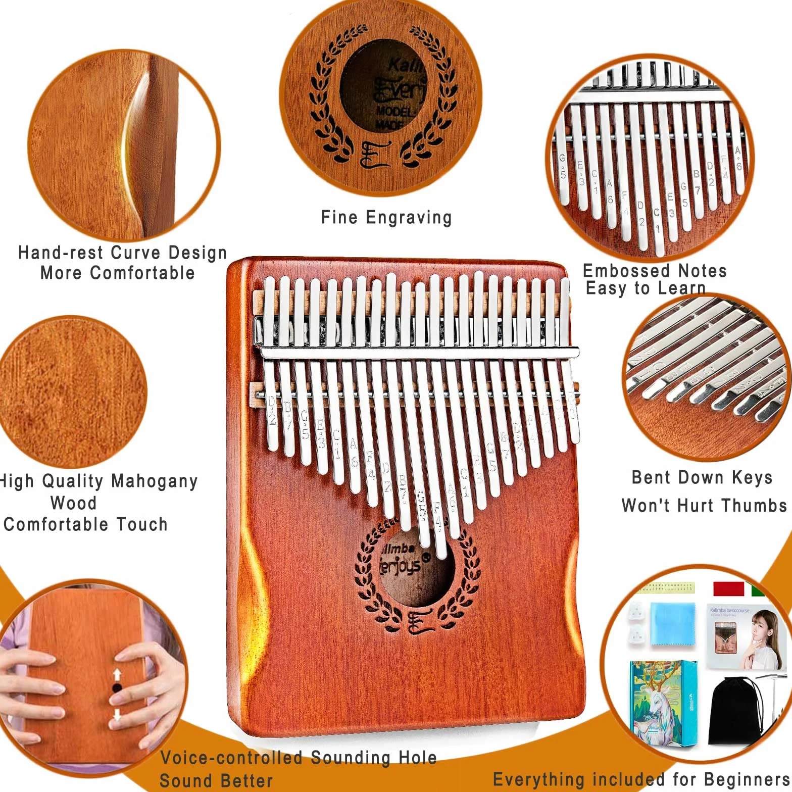 Everjoys Kalimba - Pianoforte da pollice a 21 tasti, strumento musicale professionale, con custodia in panno morbido portatile, libro delle canzoni veloce da imparare, martello per accordatura, kit