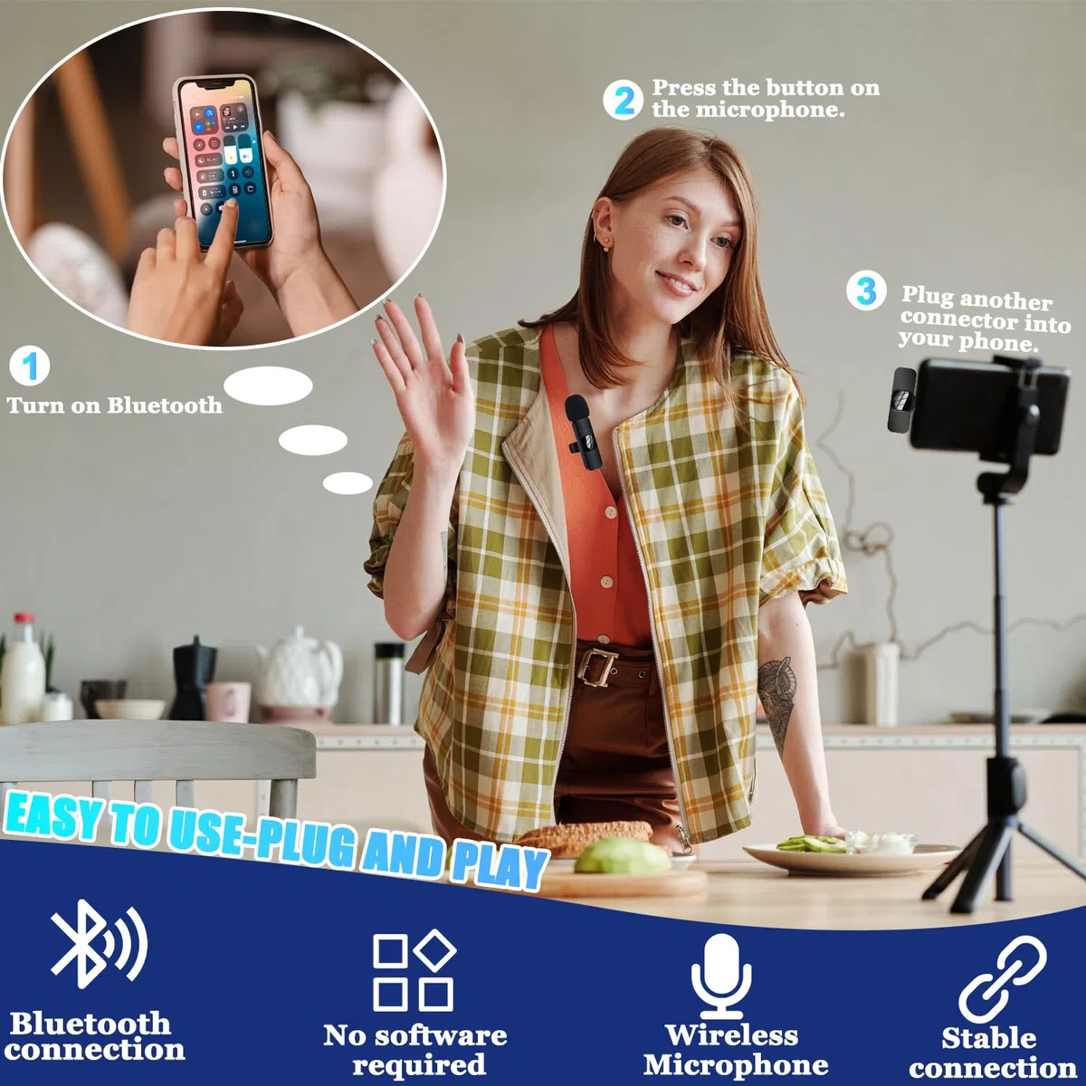 Microfono Wireless, Microfono Lavalier Wireless per iPhone Android iPad, Mini Microfono Lavalier per Registrazione Video, Streaming Live, Podcast, Vlog, YouTube/TikTok