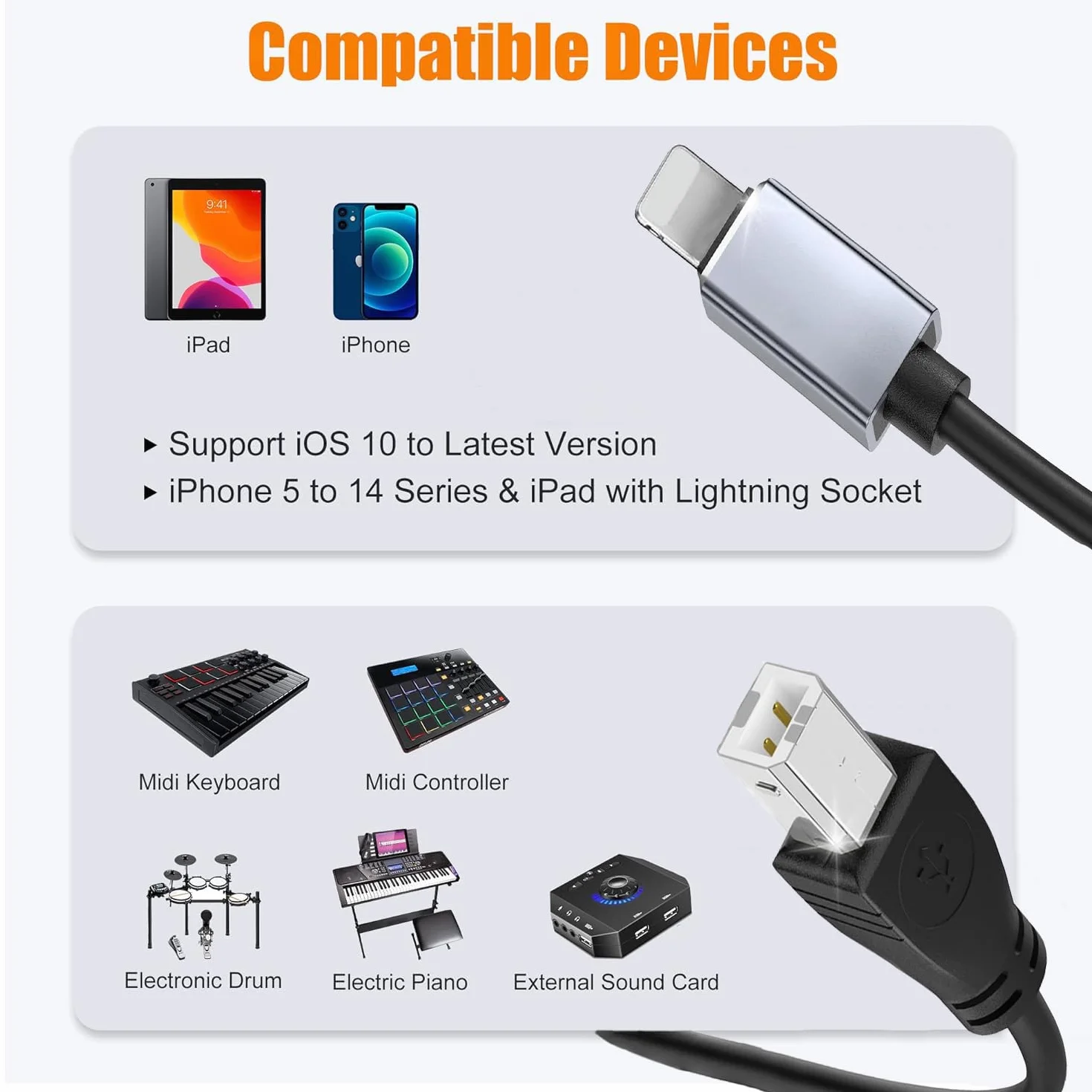 Cavo MIDI per iPhone, OTG 2.0 MIDI a USB tipo B, cavo convertitore compatibile con iPhone 14/13/12/11/X/iPad a microfono USB, tastiera MIDI, strumenti elettronici e altro (telefono)