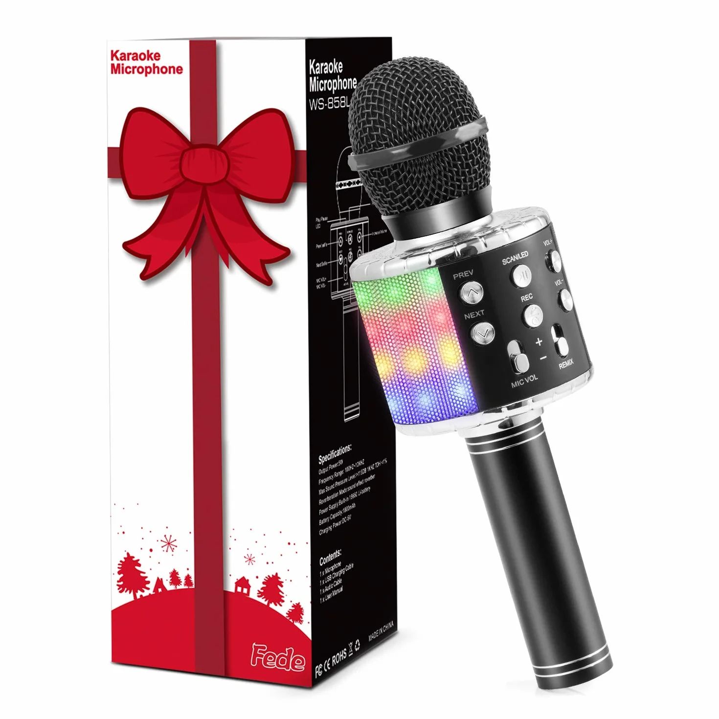 Fede Microfono Karaoke Bluetooth Wireless per Bambini, Karaoke Portatile con Luci LED Multicolore per Cantare, Funzione Eco, Compatibile con Android/iOS, PC o smartphone