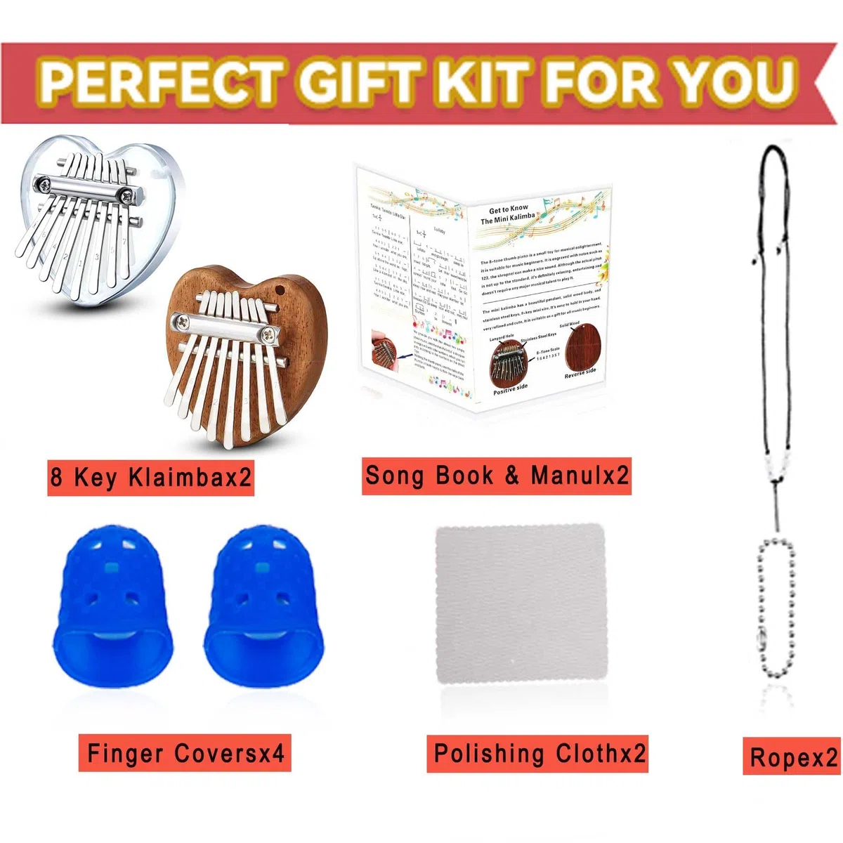 Confezione da 2 mini pianoforte Kalimba, 8 tasti, in legno massello portatile e acrilico, per bambini e adulti, regalo musicale tascabile per principianti con catena