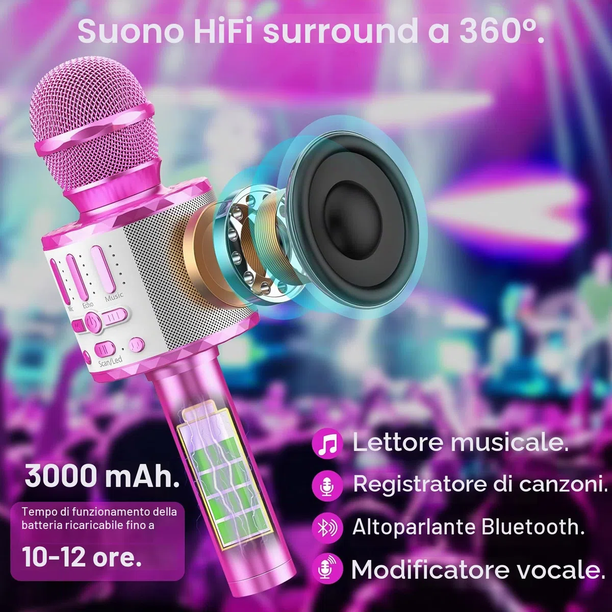 Microfono Karaoke per Bambini Bluetooth Senza Fili - Microfono Portatile con Altoparlante Integrato, Luci LED e Effetto Eco, Regalo di Compleanno per Ragazzi e Ragazze 3-12 Anni