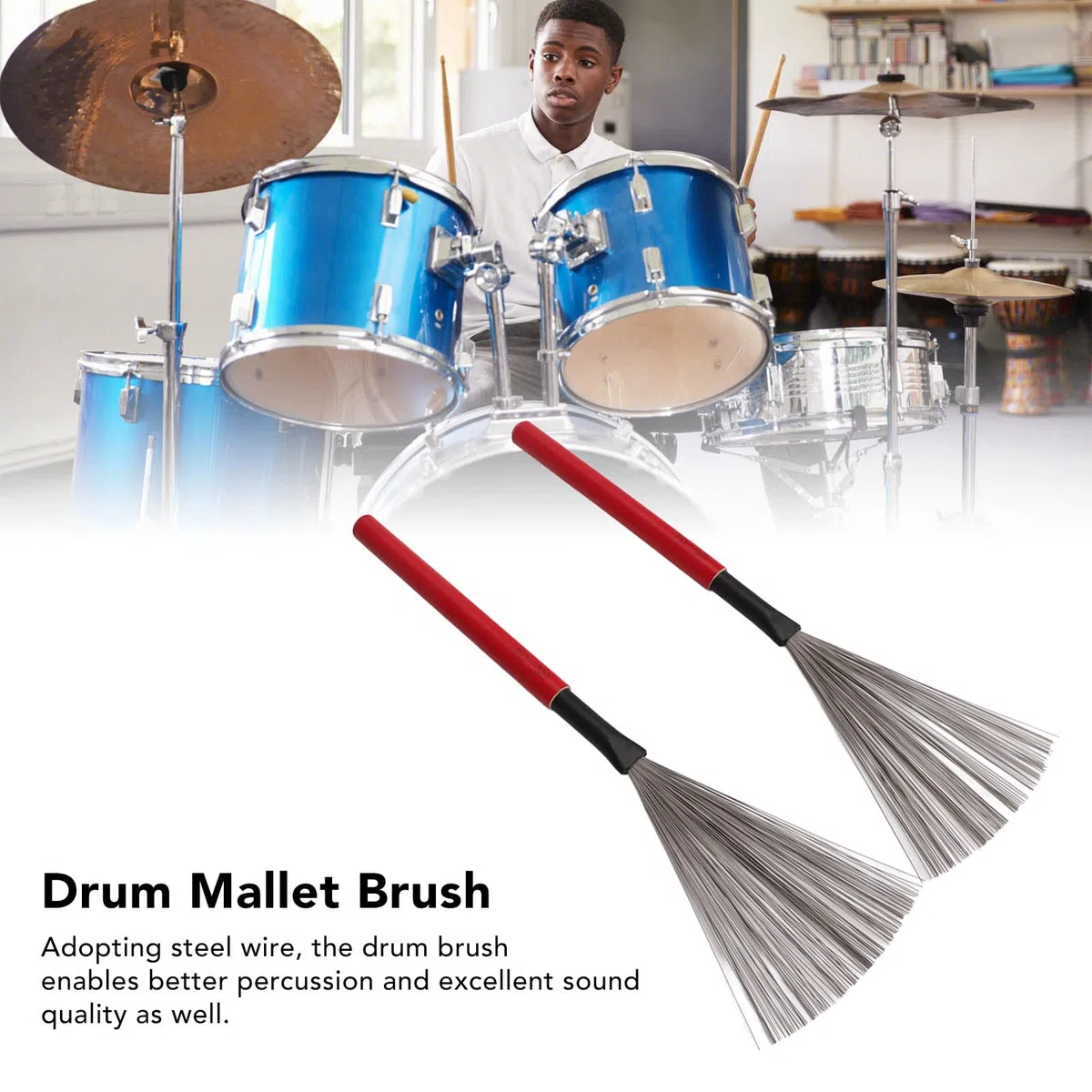 Spazzola per Batteria, Filo di Acciaio, Manico in Legno di Acero, Strumento a Percussione, Kit di Accessori per Strumenti, per Batterista Acustico Cajon (Rosso)