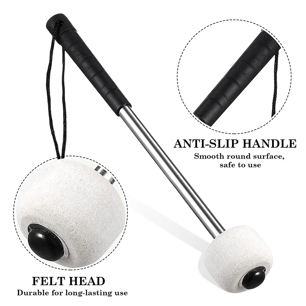 2 Pezzi Drum Mallet in Feltro, Bacchette per Tamburo, Mazzuola per Grancassa, con Borsa Porta Bacchette e Corda Antiscivolo, Accessori per Strumenti a Percussione (Bianco)