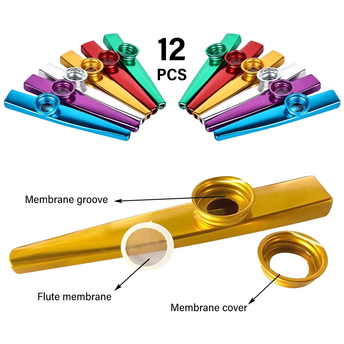 Vegena 12 Pezzi Kazoo in Metallo, Kazoo Strumenti Musicali, con 60 Membrane e 12 Cordone