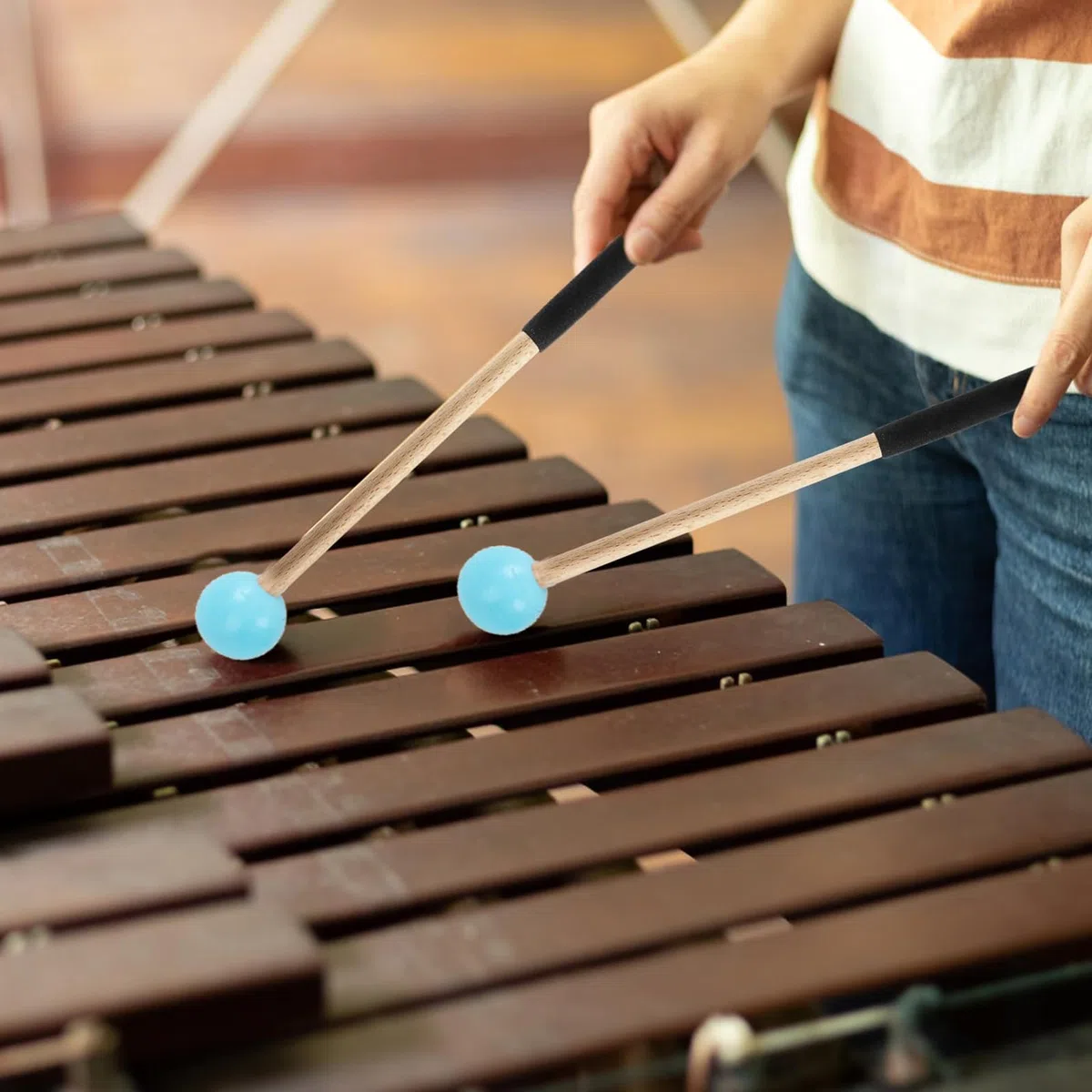 1 Paio Di Bacchette Per Percussioni In Legno, Bacchette Per Musica Per Tastiera E Tamburo Per Lingua, Mazzuolo Per Percussione In Gomma E Acero, Bacchetta Per Tamburo (Blue)