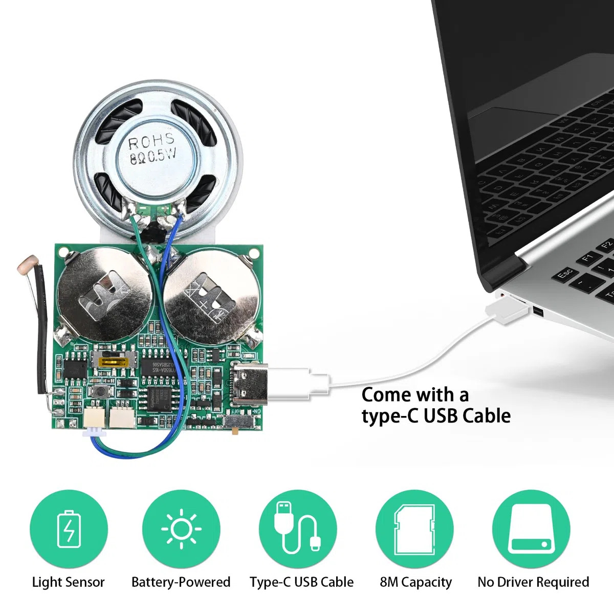 DONGKER Modulo Audio con sensore di luce, Modulo vocale scrivibile MP3 8MB memoria, micro USB per biglietti di auguri fai da te, regali creativi modellini fai da te biglietto d'auguri Regalo di festa