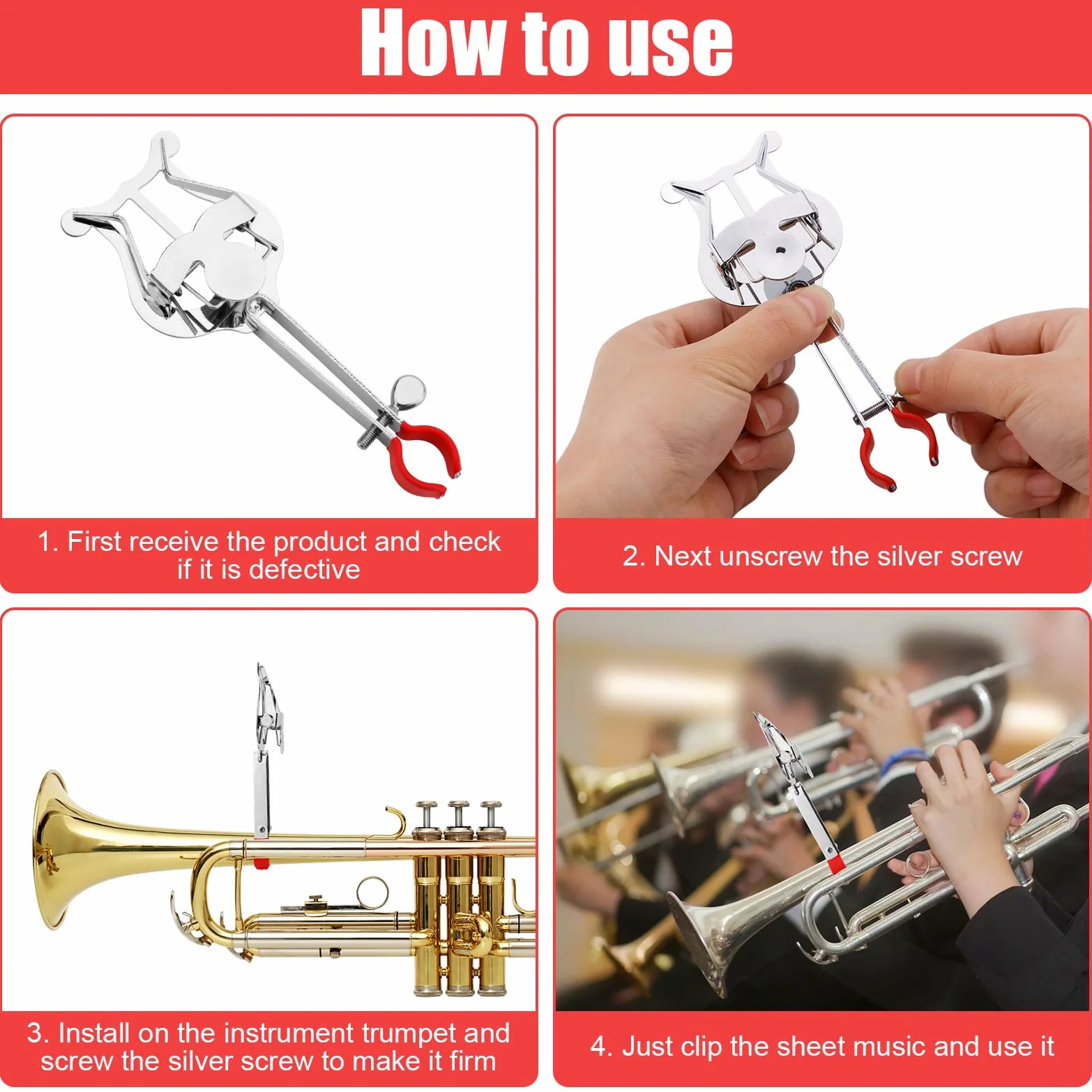Tromba Marching Lyre Clip, 14x5,3x2 cm Argento Leggero Tromba Morsetto Lyre Spartiti Clip Strumento Accessori per Esercitarsi Principianti Marching Band
