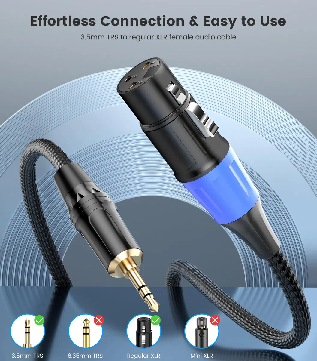 Cavo da XLR a jack 3,5 mm, Cavo Microfono Aux Mini Jack Stereo Femmina Sbilanciato da XLR a 3,5mm Cordone del Microfono per il telefono cellulare, Portatile, Altoparlante, Mixer - 1 metro