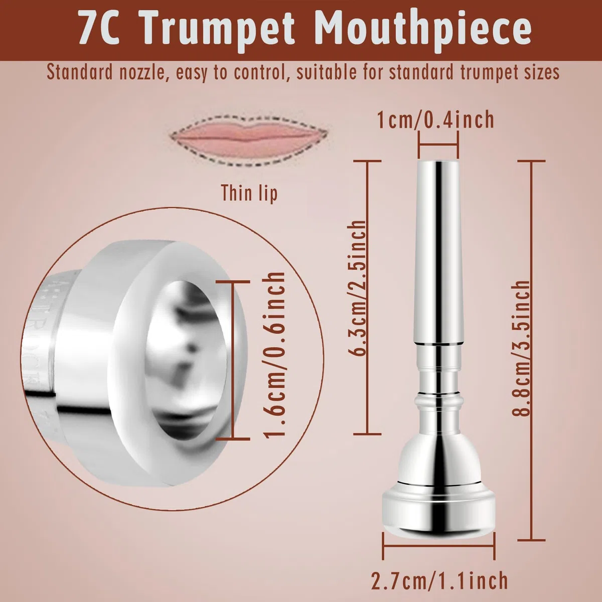 EastRock Bocchino per Tromba,7C Tromba Bocchino Placcato Argento Ricambio Bb Tromba Accessori per Strumenti Musicali Tromba Pratica Bocchino per principianti (7C, Silver)