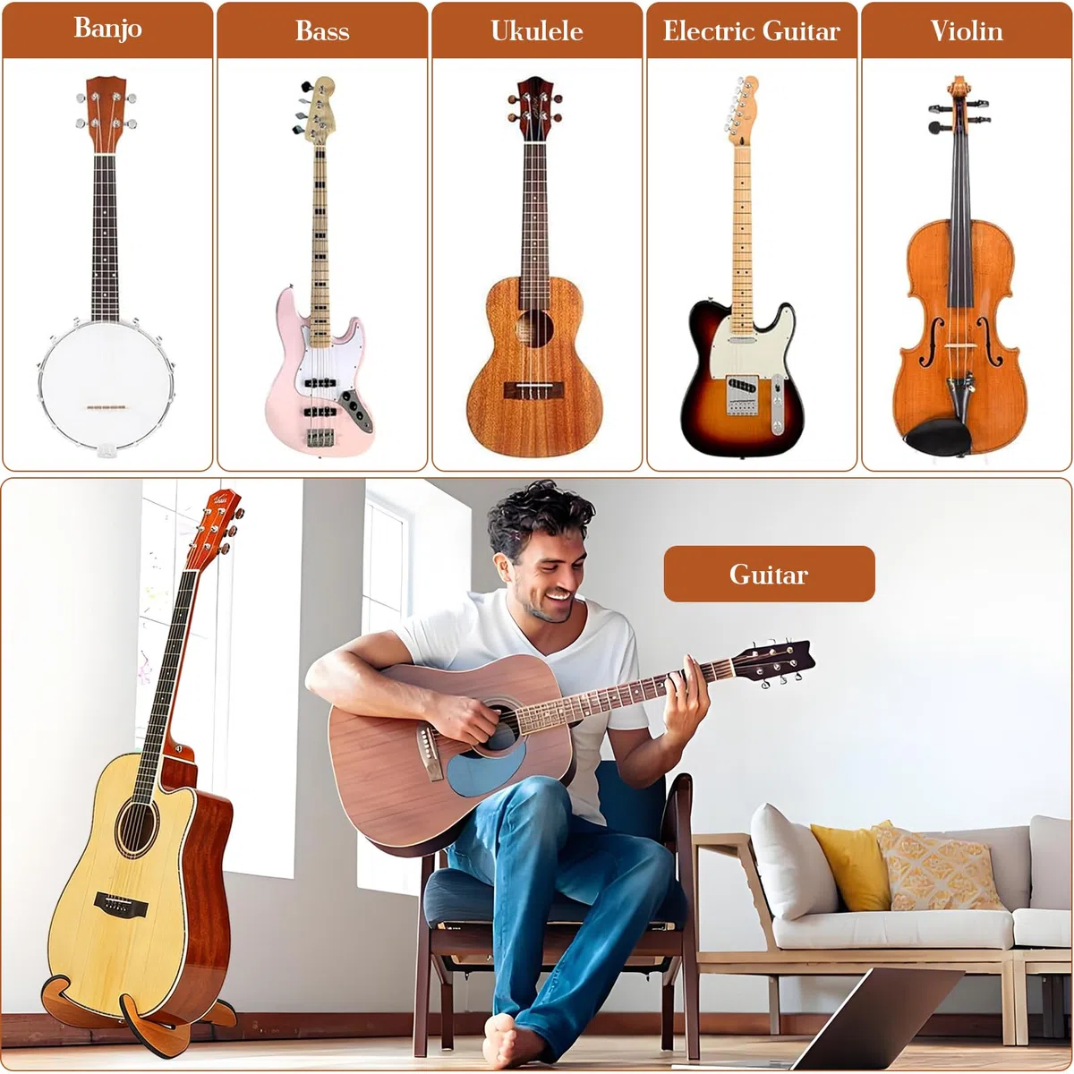 HORREX Porta Chitarra da Terra Antiscivolo con Gomma Morbida, Supporto Chitarra in Legno, Design Staccabile e Regolabile, Guitar Stand Universale Telaio-X per Acustica/ Classica/ Elettrica