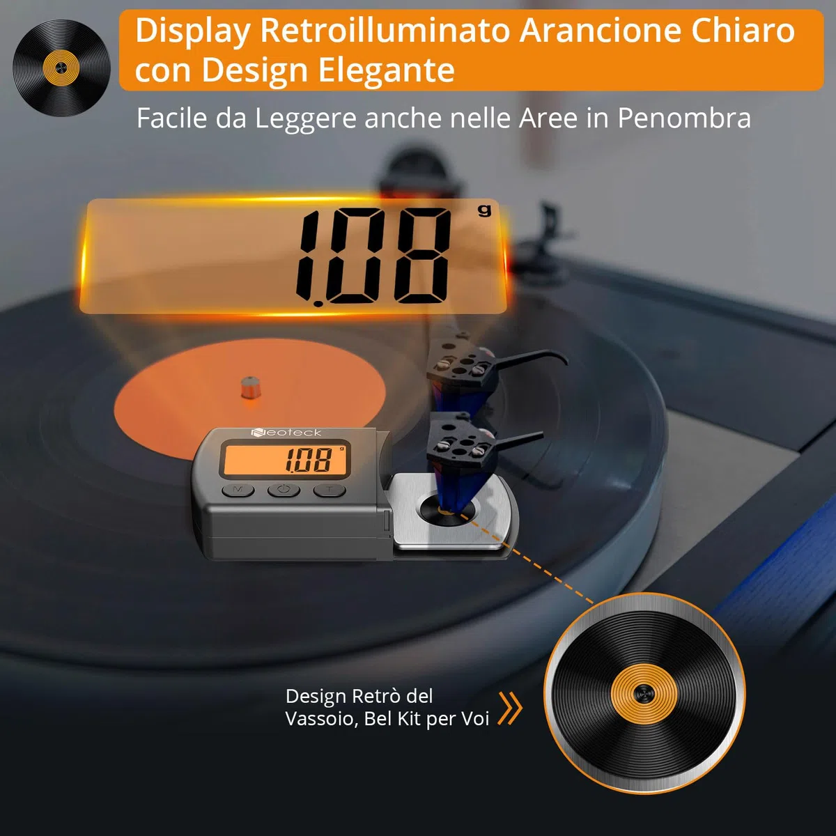 Neoteck Tester Scala Forza di Stilo per Giradischi Bilancia 0,01g LCD Retroilluminazione Arancia Bilancia Digitale per Giradischi per MM/MC/MI Braccio Giradischi Fono Cassetta Musicale