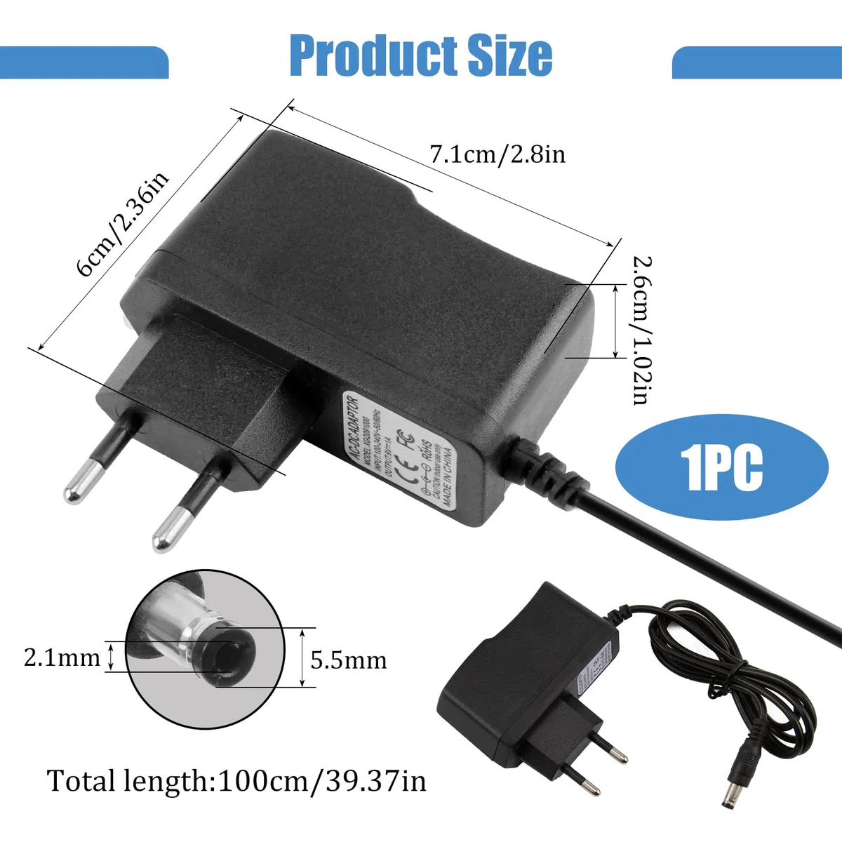 9V 1A Alimentatore per Pedali Chitarra, Centro Negativo Manicotto Positivo, Caricabatterie per Boss ME-80 PSA-120S Roland ME-80 ME-70 ME-25 ME-50B, Stompbox, Tastiere Elettroniche, 5.5 * 2.1cm