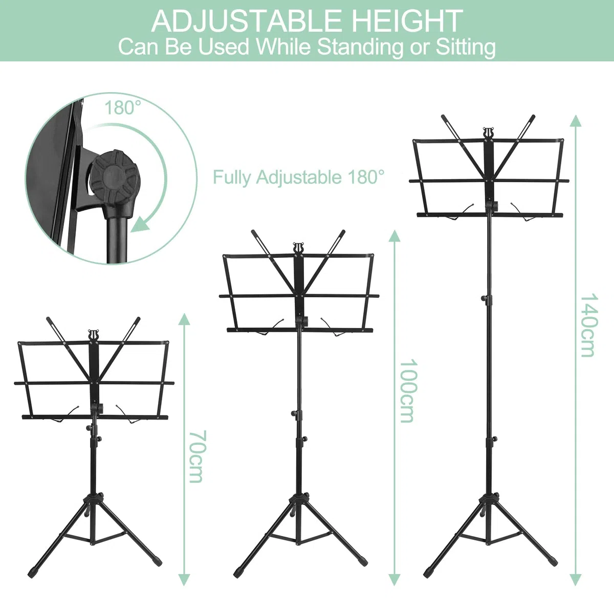 2 in 1 Leggio Musicale Pieghevole Altezza Regolabile 70-140cm, Supporto per Libri da Tavolo, Porta Spartiti Musicali Stabile, con Borsa di Trasporto, per Bambini E Adulti, Nero