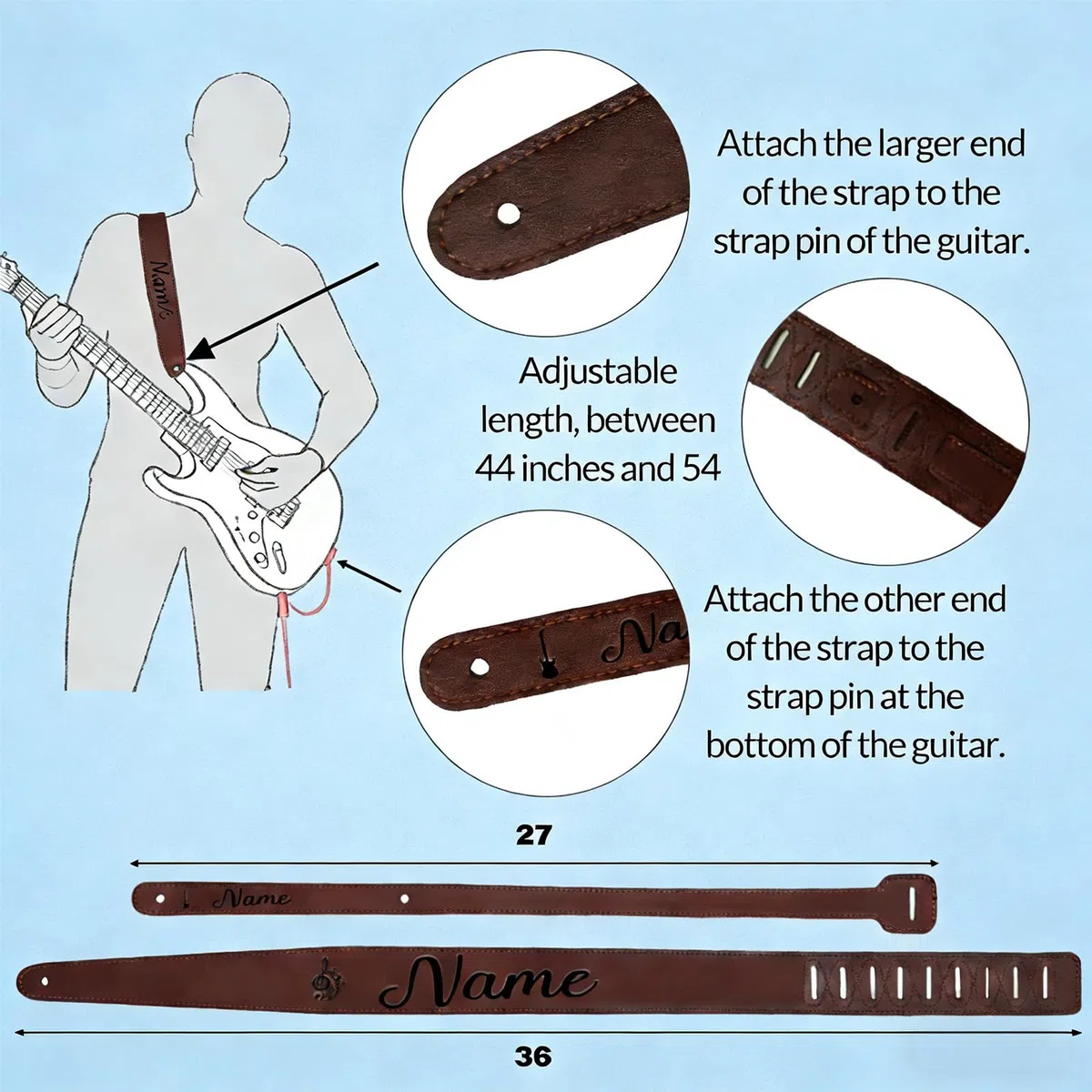 Tracolla per chitarra in pelle personalizzata Inciso personalizzato Nome Testo Tracolla regolabile per basso Chitarra acustica elettrica Tracolla per chitarra in pelle microfibra Regali per
