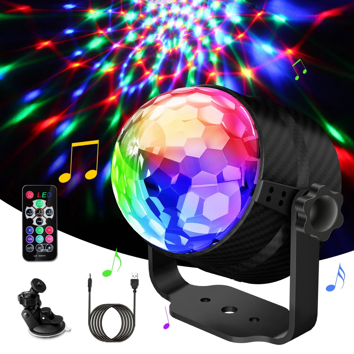 Sfera da discoteca, 360°, rotazione a sfera sfaccettata, controllo vocale, lampada da palco, colori luce festa con telecomando, effetto luce dinamico 3 W, RGB, 4 m, cavo USB per