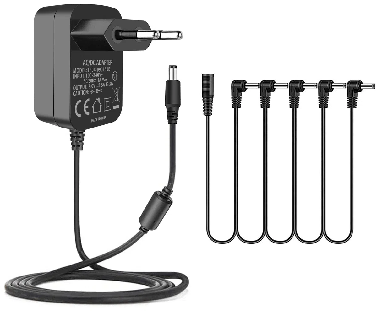 Adattatore di alimentazione per pedali effetti per chitarra, 9V 1.5A 13.5W Caricabatterie da parete Punta negativa 5,5 * 2,1 mm con cavi a margherita a 5 vie