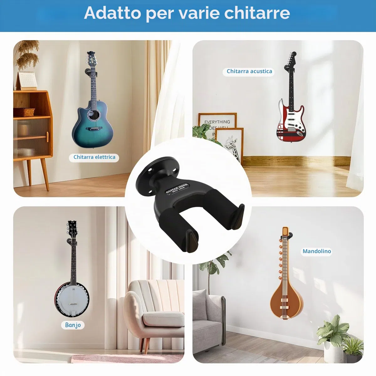 Supporto a parete per chitarra con Base, Automático Supporto a Parete con blocco automatico, Gancio Chitarra per Chitarra Elettrica, Basso, Elettrico, Ukulele,Violino, Banjo (Nero)