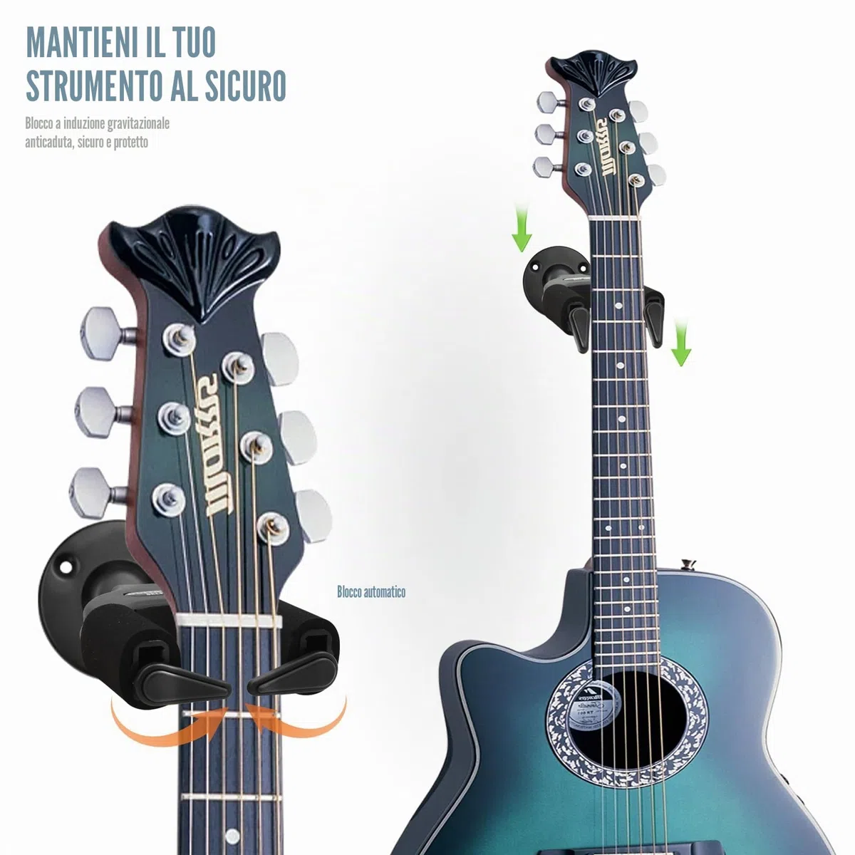 Supporto a parete per chitarra con Base, Automático Supporto a Parete con blocco automatico, Gancio Chitarra per Chitarra Elettrica, Basso, Elettrico, Ukulele,Violino, Banjo (Nero)