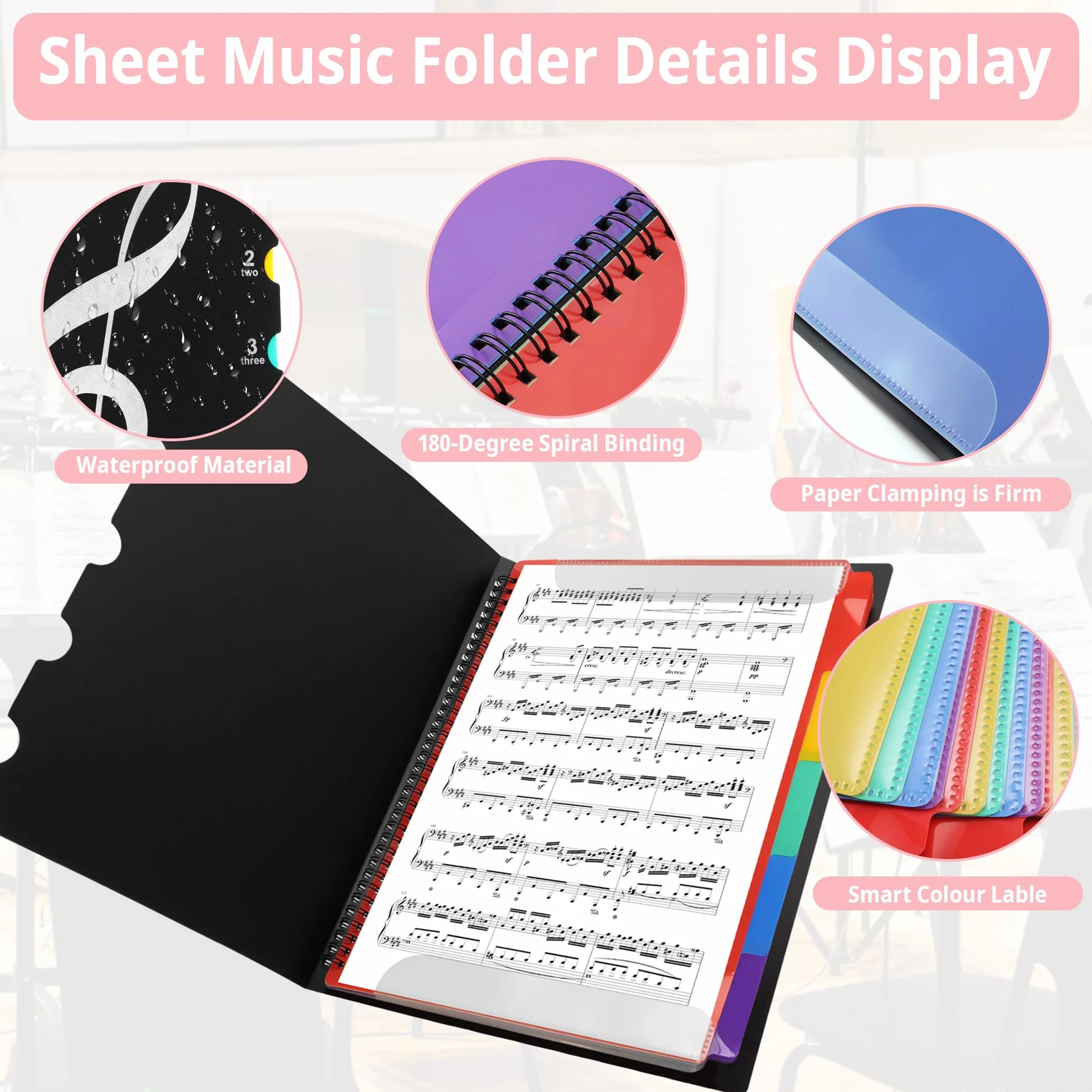 Raccoglitore Porta Spartiti Musicali, Cartella A4 Spartiti Musicali Impermeabili Raccoglitore Fogli Accessori Musica con 20 Tasche/40 Pagine, Borsa porta Documenti Musicale Per Suonatori di Strumenti