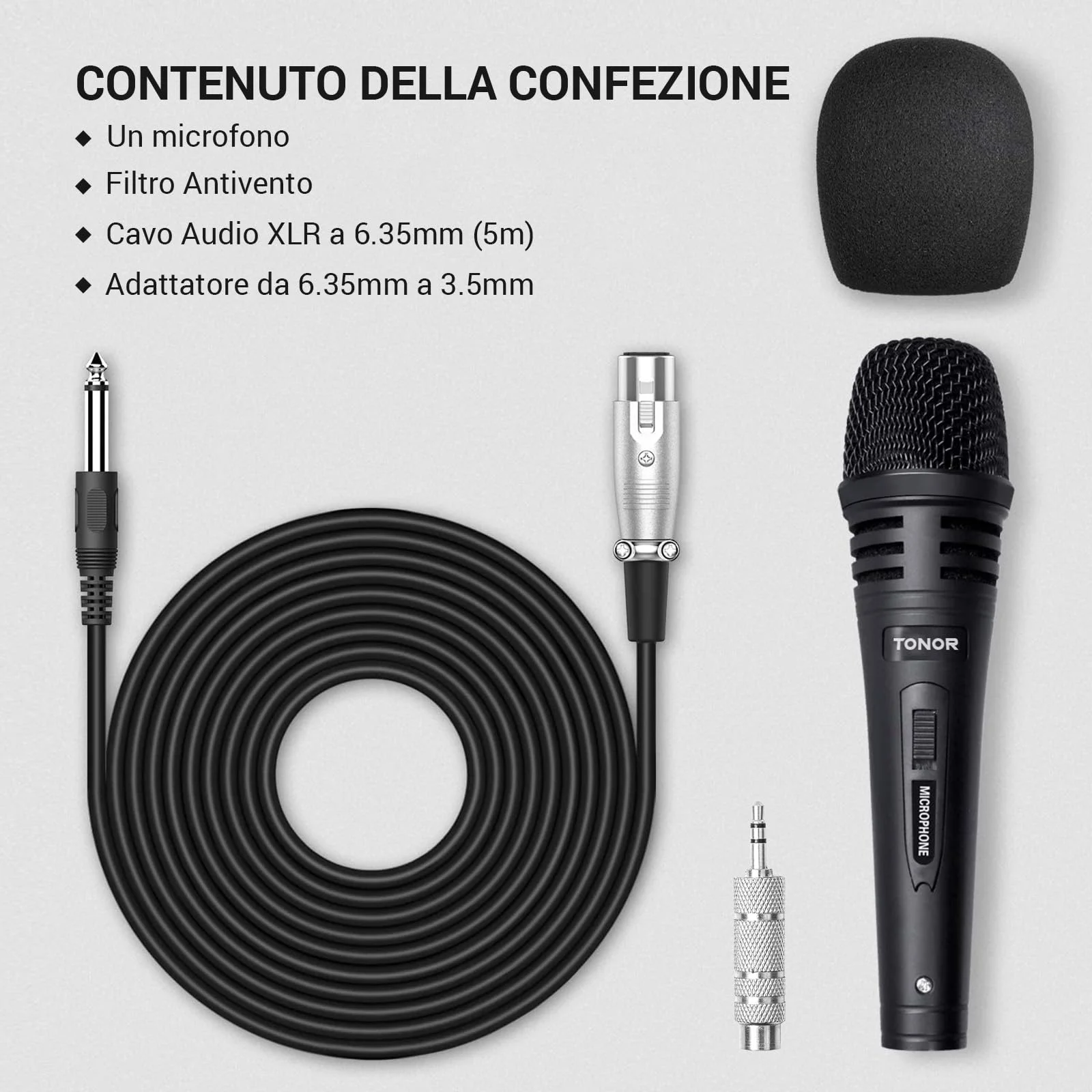 TONOR Microfono Dinamico per Karaoke con Cavo XLR 5M(500 cm),Microfoni Professionale in Metallo per Festa in casa, Canto, Parlato,Matrimonio,Mic Cardioide con Jack 6.35mm Compatibile con Altoparlante