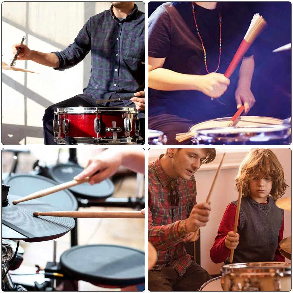 Set di bacchette per batteria, 2 paia di bacchette per batteria con spazzola metallica retrattile e fascio di bacchette per batteria con tassello per batteria, più accessori