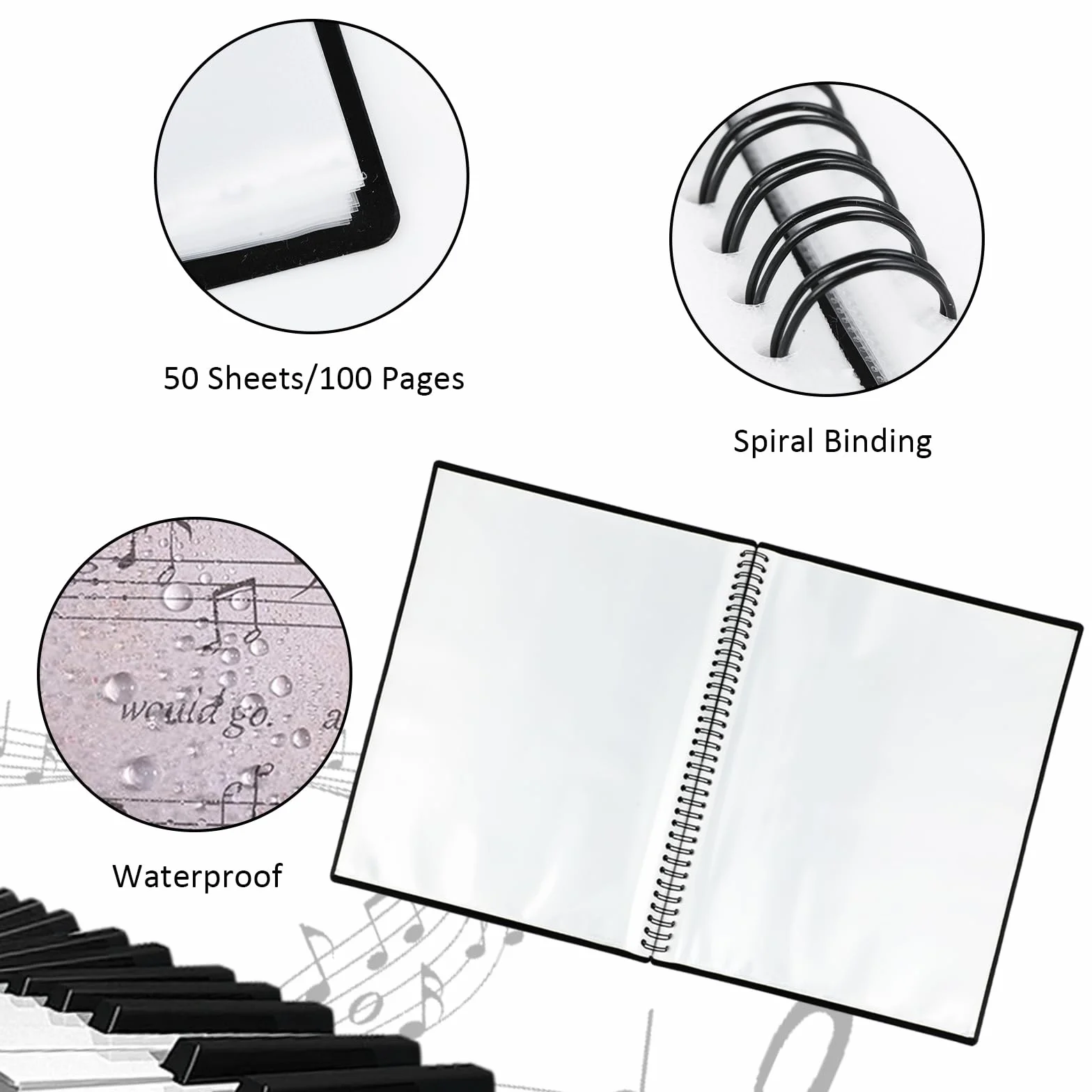 Porta Spartiti Musicali A4 Musicale - Raccoglitore Fogli Accessori Musica con 50 Tasche/100 Pagine Impermeabili con possibilità di scrivere simboli musicali adatta per Spartiti in Formato A4 (nero)