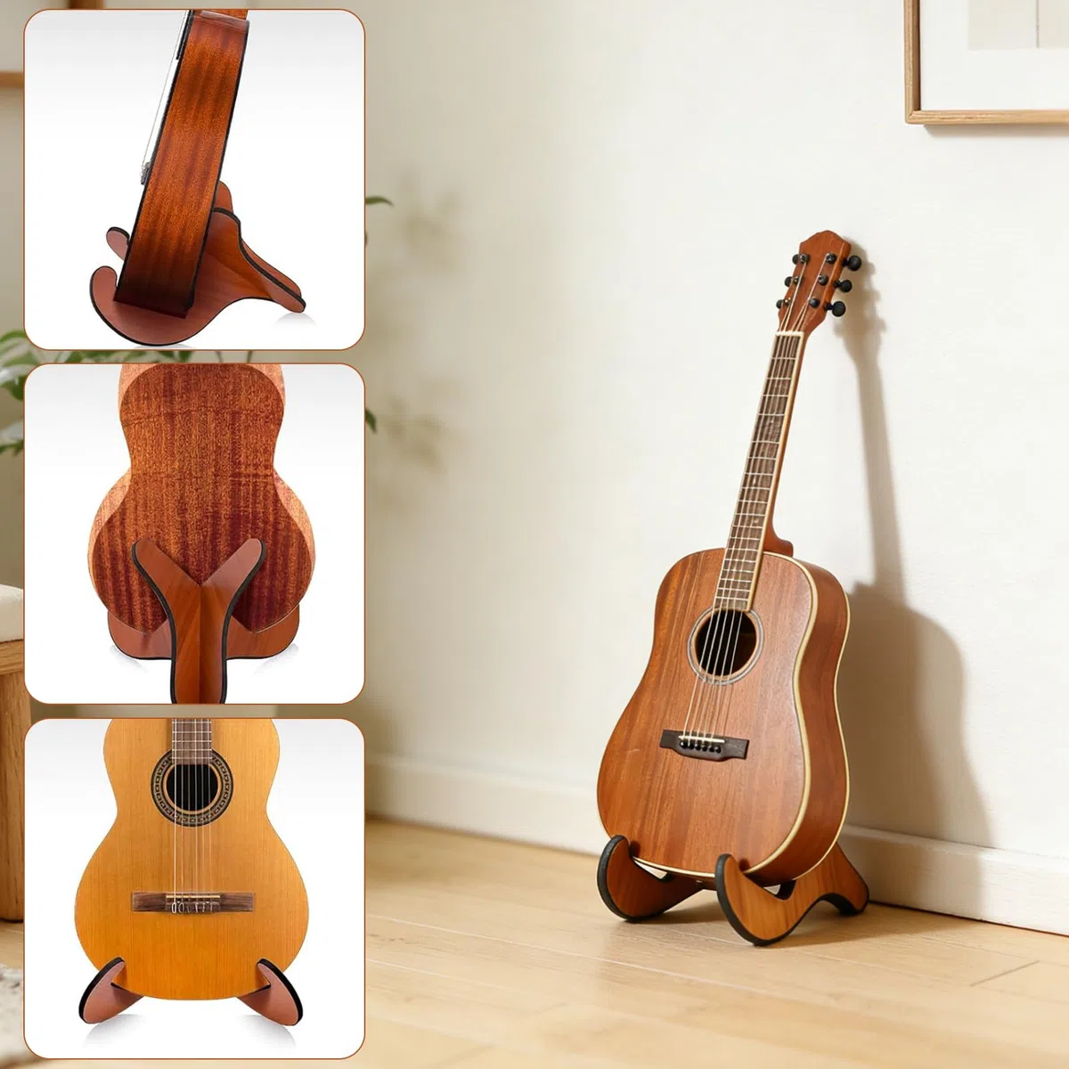 HORREX Porta Chitarra da Terra Antiscivolo con Gomma Morbida, Supporto Chitarra in Legno, Design Staccabile e Regolabile, Guitar Stand Universale Telaio-X per Acustica/ Classica/ Elettrica