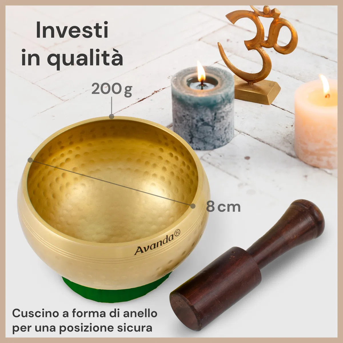 Set di ciotole tibetane per yoga, meditazione e rilassamento - Ciotola tibetana martellata Ø 8 cm, mazzuolo in legno di mango e cuscino ad anello giallo verde
