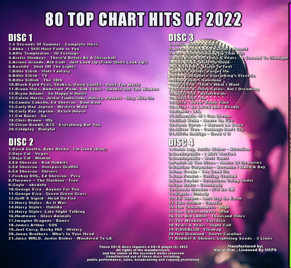 Vocal-Star 2022 Karaoke Chart Hits Set di dischi che include 80 migliori canzoni, fornito su 4 dischi karaoke CDG, CD karaoke con parole