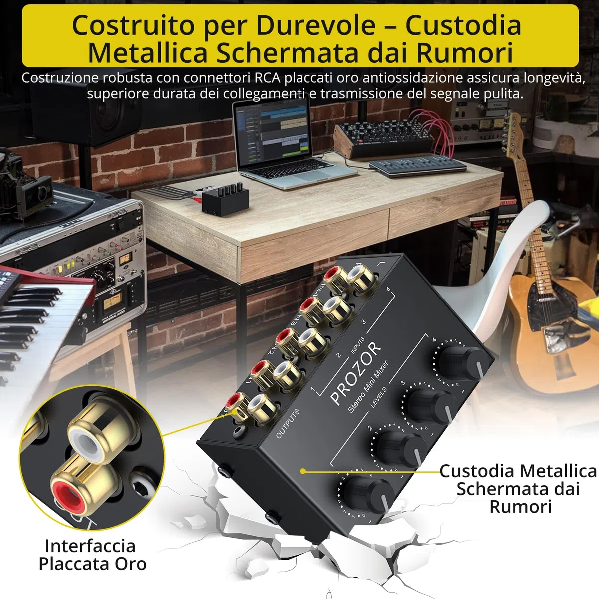 PROZOR Mixer Audio Passivo 4 Canali con Manopole Volume Miscelatore Audio 4 Canali Passive Portatile Supporta Input/Output RCA Mixer Stereo Compatto per DJ, Mixer Home Theater e Home Studio