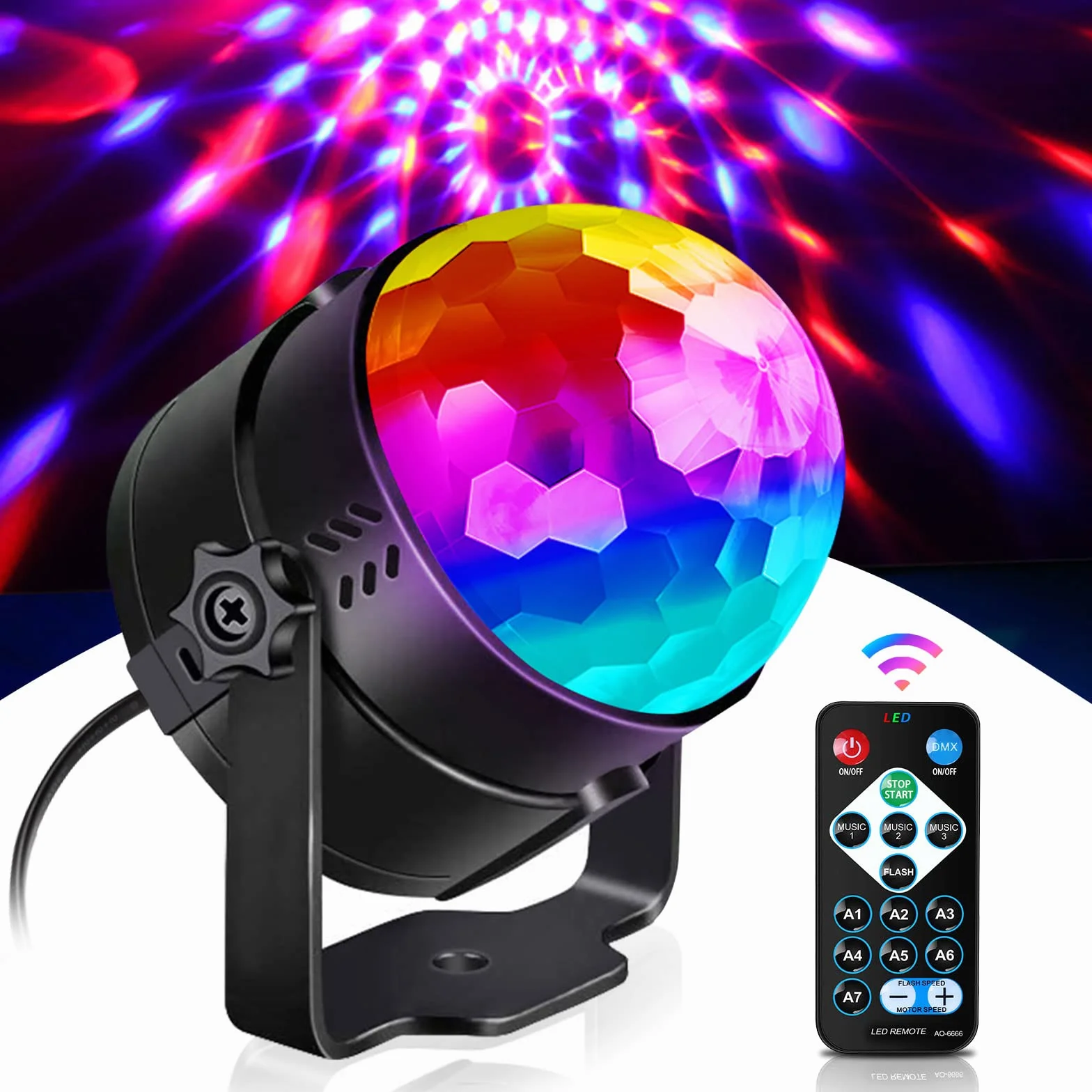 Luci da discoteca a sfera U`King, telecomando DJ Party Light 3 W 7 colori luce stroboscopica attivata dal suono luci per feste di Natale, pub, matrimoni, club, spettacoli