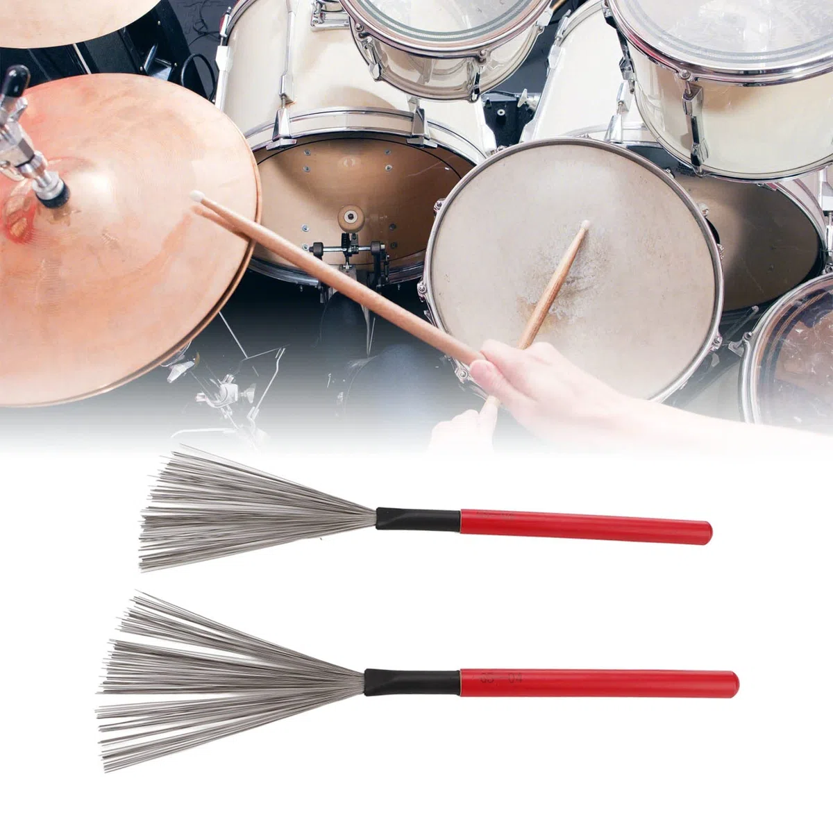Spazzola per Batteria, Filo di Acciaio, Manico in Legno di Acero, Strumento a Percussione, Kit di Accessori per Strumenti, per Batterista Acustico Cajon (Rosso)