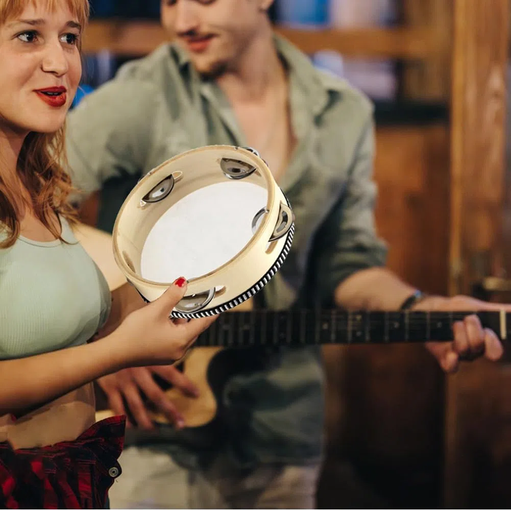Tamburello, Tambourine In Legno, Mano Tamburelli, Tamburello a Mano in Legno a Fila Singola da 6 Pollici, per Feste da Ballo, Giochi, Accompagnamento di Canto,1 Confezione