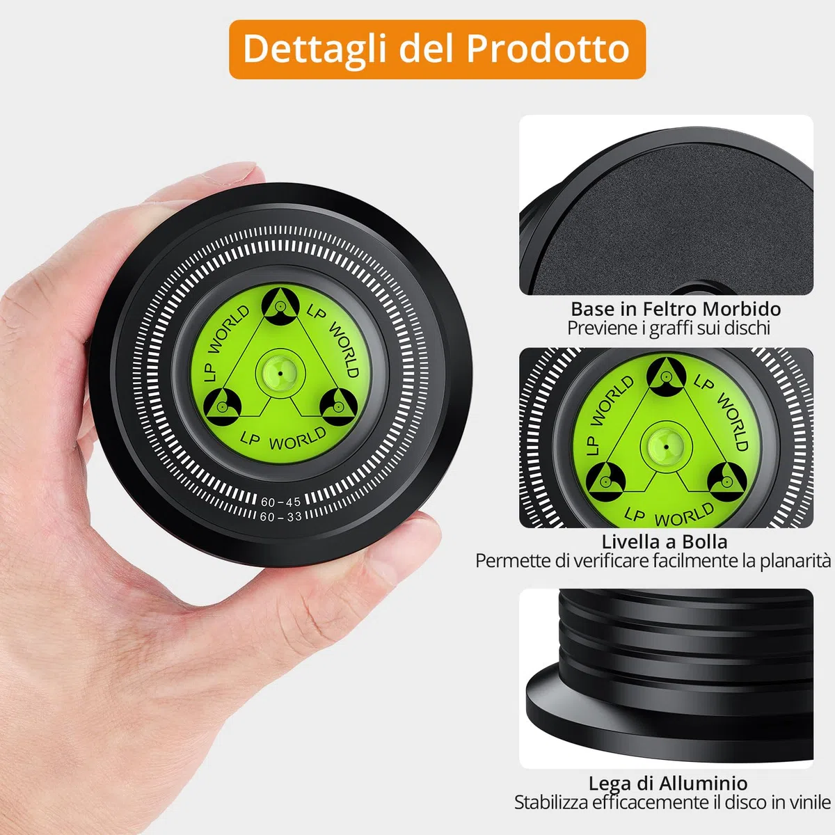 Neoteck Stabilizzatore Giradischi 60Hz in Alluminio, Livella a Bolla Integrata e Indicatore di Velocità (33/45 giri), Pesadischi Stabilizzatore per Giradischi per la Maggior Parte dei Giradischi LP