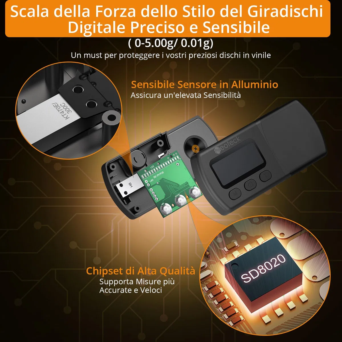 Neoteck Tester Scala Forza di Stilo per Giradischi Bilancia 0,01g LCD Retroilluminazione Arancia Bilancia Digitale per Giradischi per MM/MC/MI Braccio Giradischi Fono Cassetta Musicale