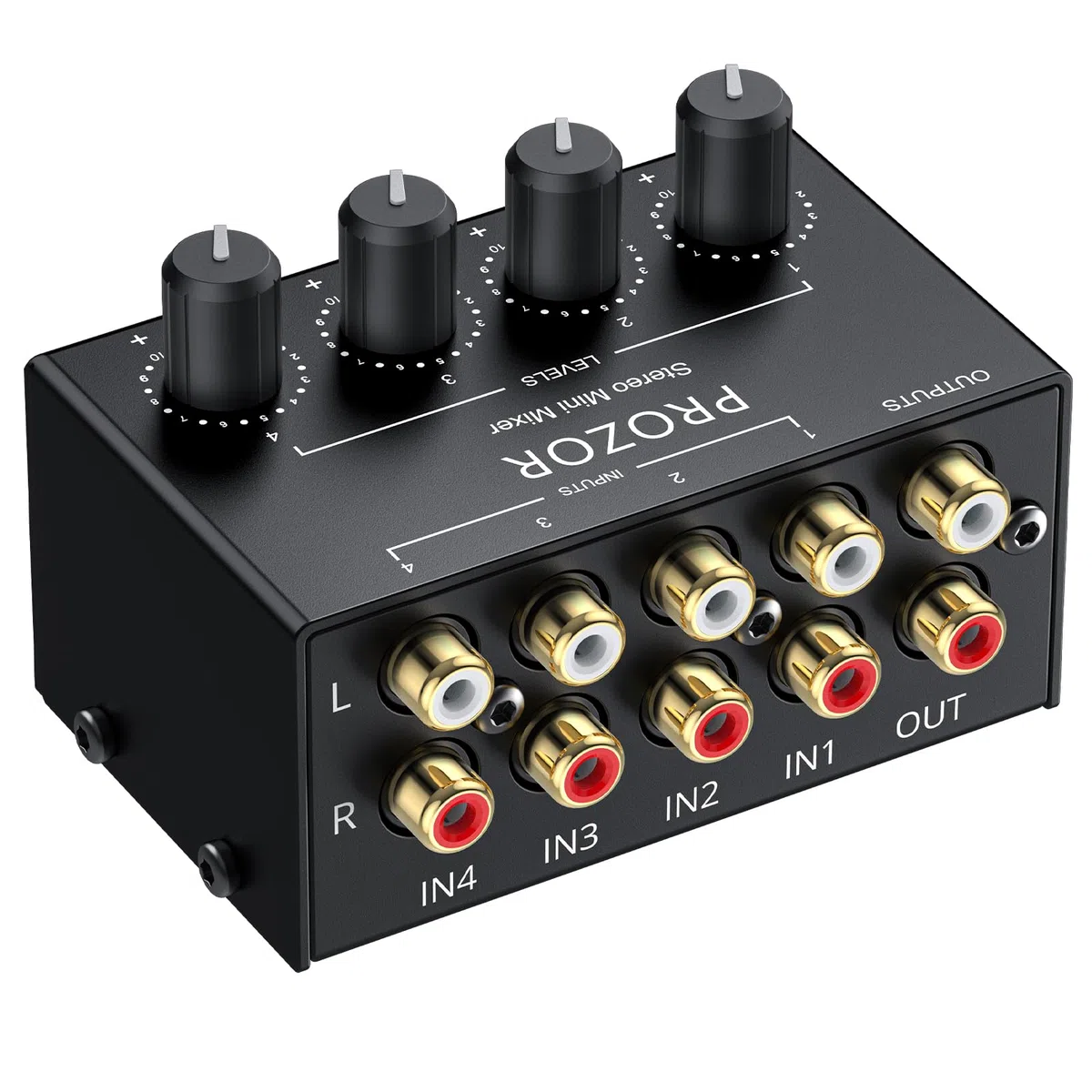 PROZOR Mixer Audio Passivo 4 Canali con Manopole Volume Miscelatore Audio 4 Canali Passive Portatile Supporta Input/Output RCA Mixer Stereo Compatto per DJ, Mixer Home Theater e Home Studio