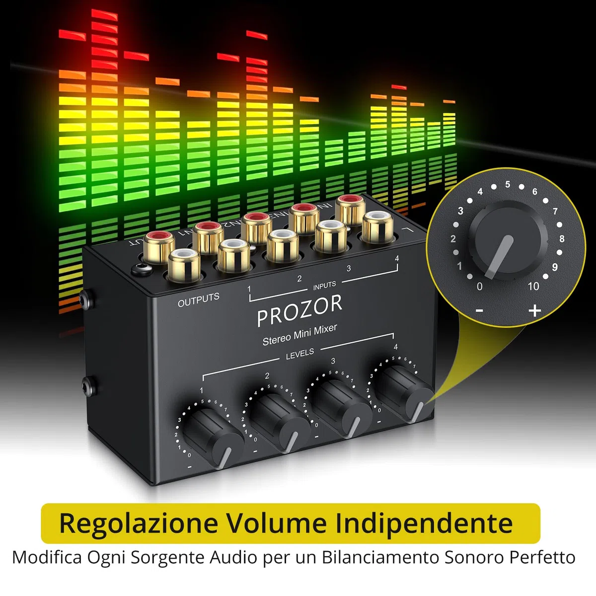 PROZOR Mixer Audio Passivo 4 Canali con Manopole Volume Miscelatore Audio 4 Canali Passive Portatile Supporta Input/Output RCA Mixer Stereo Compatto per DJ, Mixer Home Theater e Home Studio