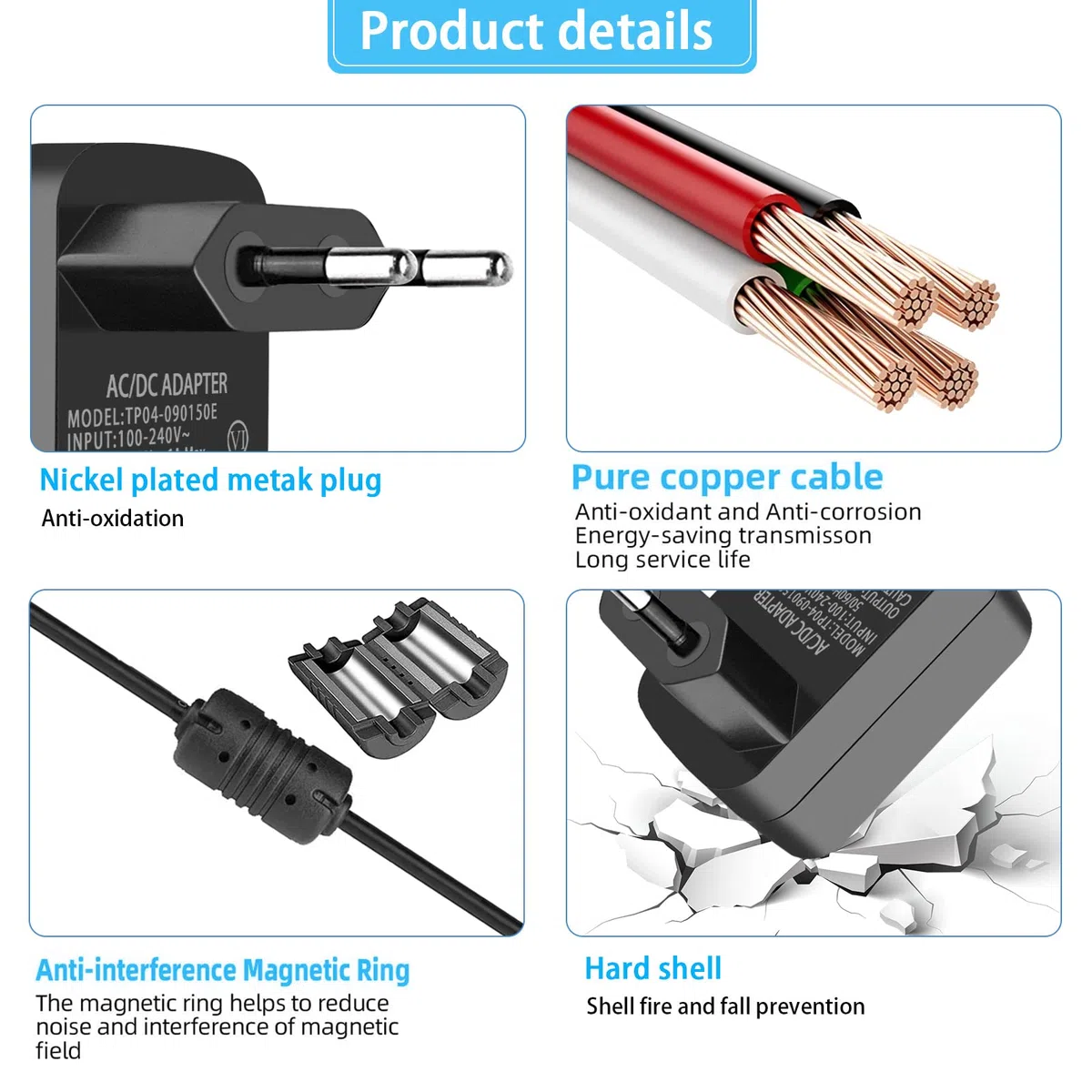 Adattatore di alimentazione per pedali effetti per chitarra, 9V 1.5A 13.5W Caricabatterie da parete Punta negativa 5,5 * 2,1 mm con cavi a margherita a 5 vie