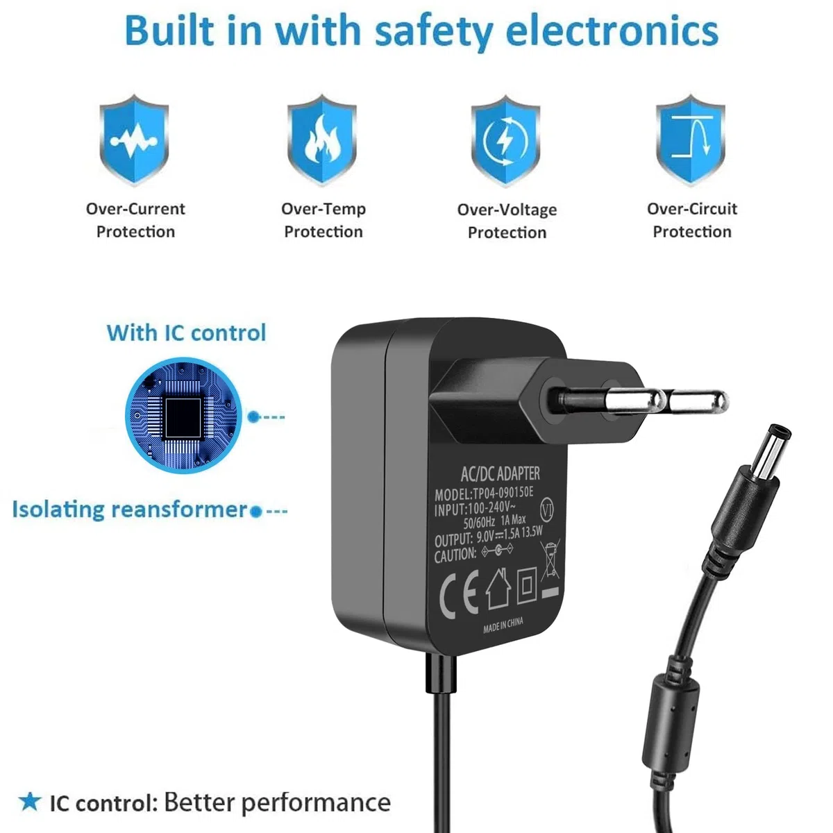 Adattatore di alimentazione per pedali effetti per chitarra, 9V 1.5A 13.5W Caricabatterie da parete Punta negativa 5,5 * 2,1 mm con cavi a margherita a 5 vie