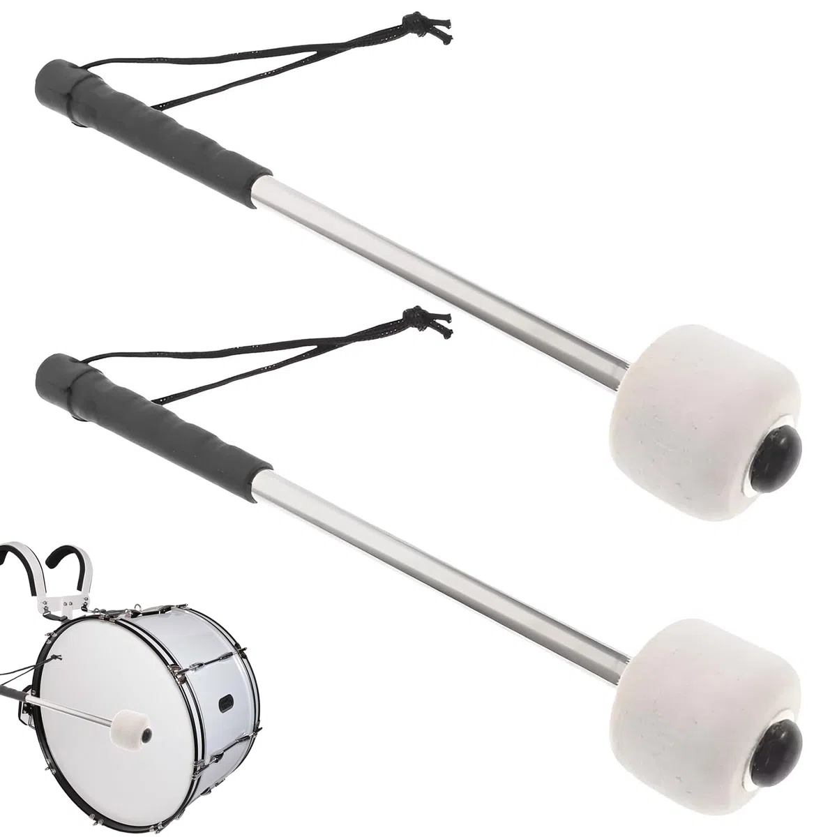 2 pezzi di bacchette per tamburo, tamburo a ventaglio, bacchette per tamburo, bacchette da marcia, bacchetta per grancassa, timbale, bacchetta per batteria in feltro, bacchette per timbale con testa