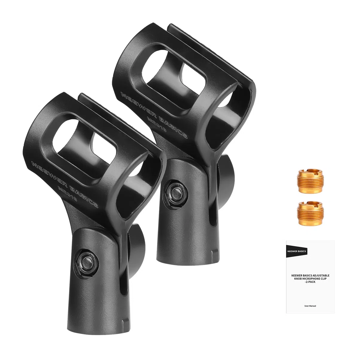 NEEWER BASICS Kit Accessori Supporto Microfono da 2 Pezzi, Clip Microfoni Regolabili con Adattatori a Vite da 3/8" a 5/8" per Mic Palmari Universali Cablati e Wireless da 28mm a 35mm, MS019