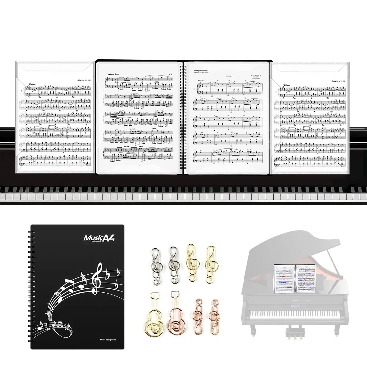 Porta Spartiti Musicali A4,Cartella Portaspartiti Musicali,Cartelle Portaspartiti,Raccoglitore Porta Spartiti con 4 Pagine Apribili 40 Fogli e 8 Clip Esclusivi per Pianoforte Chitarra Violino