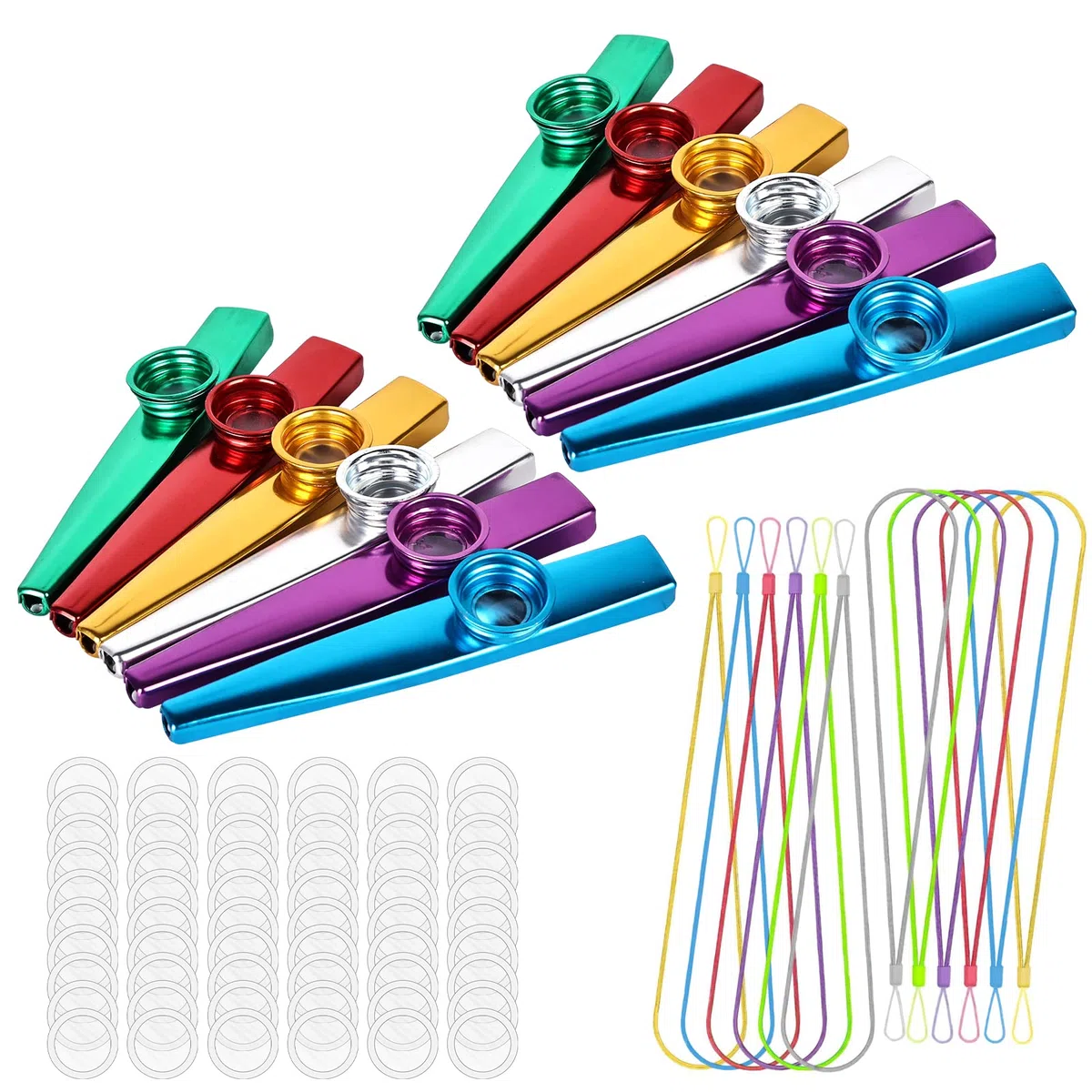 Vegena 12 Pezzi Kazoo in Metallo, Kazoo Strumenti Musicali, con 60 Membrane e 12 Cordone