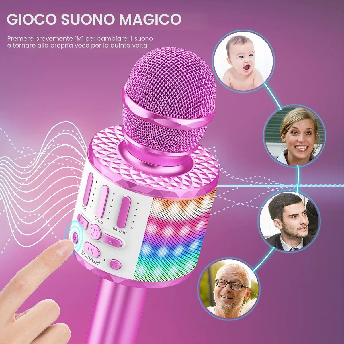 Microfono Karaoke per Bambini Bluetooth Senza Fili - Microfono Portatile con Altoparlante Integrato, Luci LED e Effetto Eco, Regalo di Compleanno per Ragazzi e Ragazze 3-12 Anni